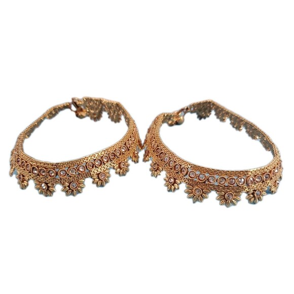 Gold Tone Anklets Floral Jhanjhar Gold Tone India Bridal Ethnic Boho  Fairy - Picture 1 of 12
